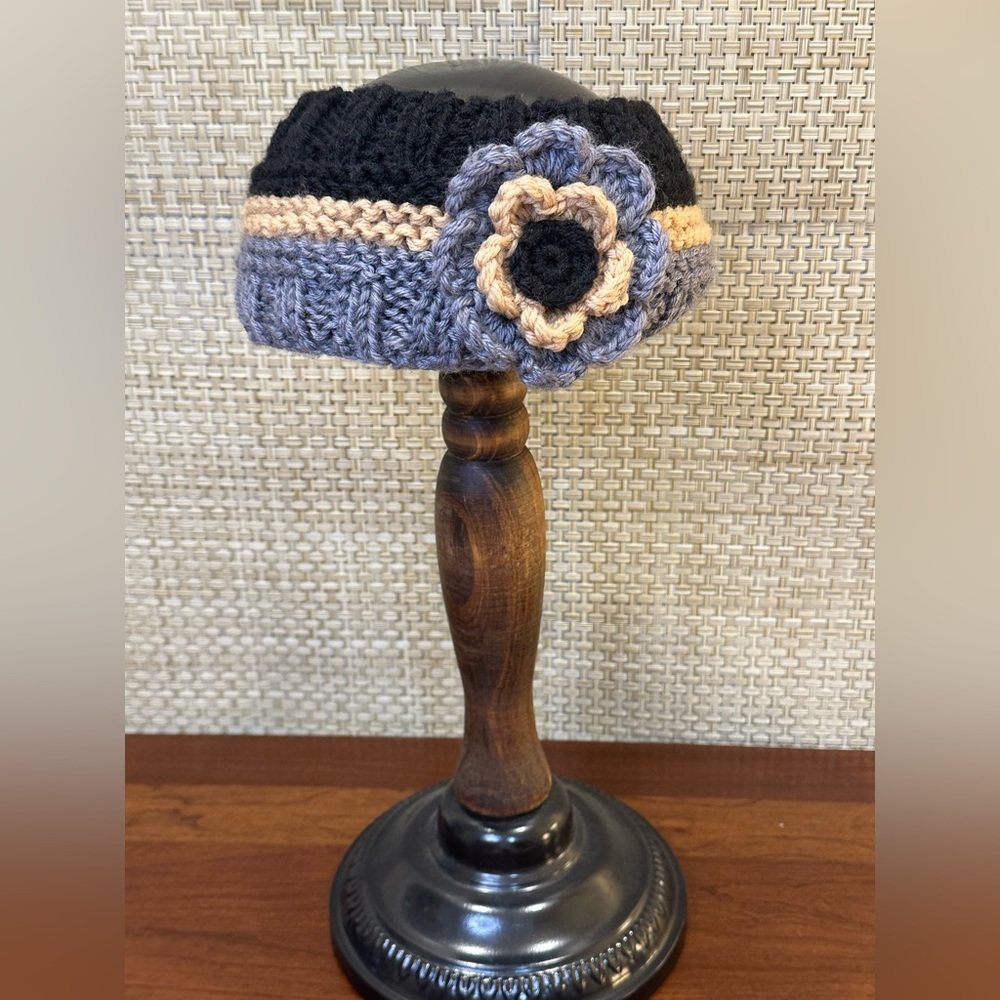 Handmade Chunky Knit Ear Warmer Headband Floral Embellished Gray, Black & Tan